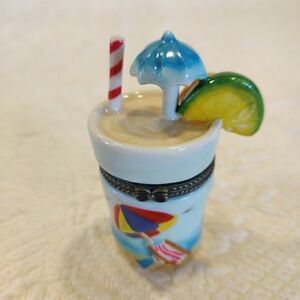 Tropical Summer Cocktail Drink W/ Lime orange Straw & Umbrella Hinged Trinket Bx